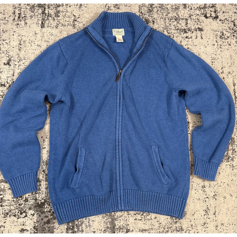 L.L.Bean Mens MT Blue Full Zip Mock Neck Cotton Cardigan Sweater Pockets